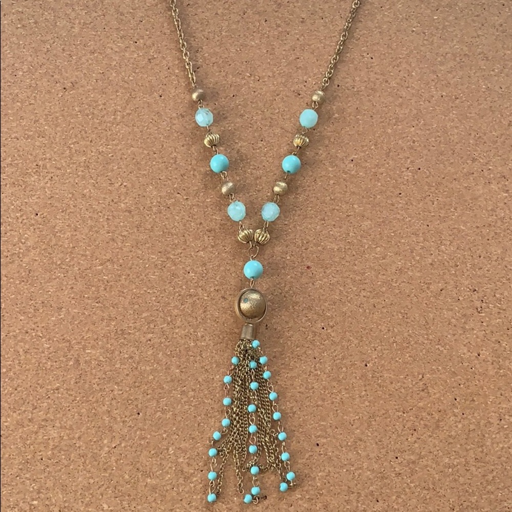 Long Gold Chain Necklace with Blue pendants